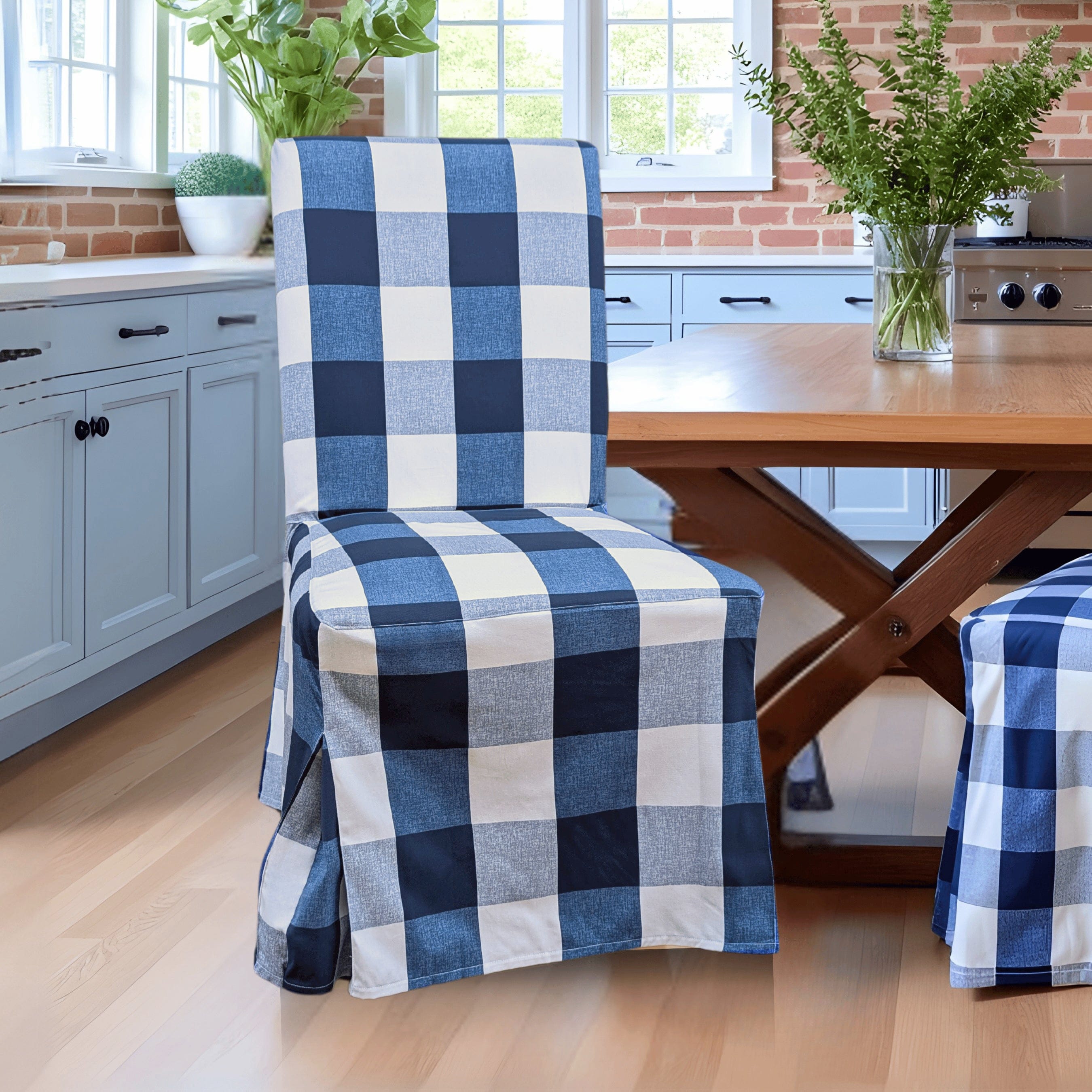 Rockin Cushions IKEA Henriksdal Dining Buffalo Check Navy Blue Floor Length Dining Chair Cover, Compatible with IKEA Henriksdal